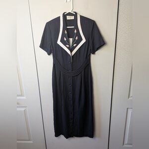 VINTAGE Jessica Women Dress Size 10 Petite Made In Canada Floral Navy Blue White